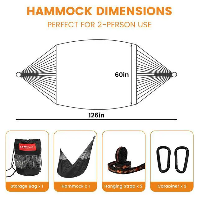 Alt view image 6 of 7 - Lazy Daze Hammocks Handwoven XL Mayan Hammock, 10.5 FT Soft Rope Double Hammocks, Portable Outdoor Hammock with Carry Bag, 2 Straps & Carabiners for Patio Outside, 550 lbs Weight Capacity, Gray