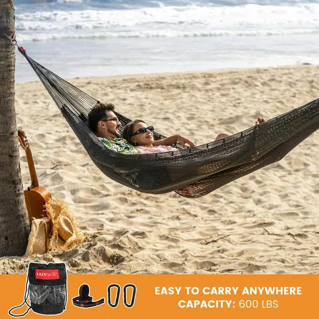 Alt view image 5 of 7 - Lazy Daze Hammocks Handwoven XL Mayan Hammock, 10.5 FT Soft Rope Double Hammocks, Portable Outdoor Hammock with Carry Bag, 2 Straps & Carabiners for Patio Outside, 550 lbs Weight Capacity, Gray
