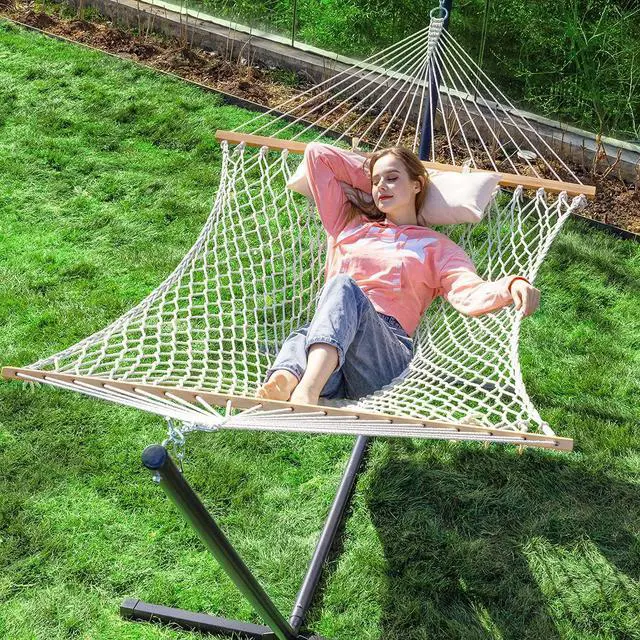 Main image of PNAEUT Double Rope Hammock with Stand Included, 12ft Heavy Duty Stand, 2 Person Traditional Cotton Rope Hammocks with Pillow for Outside Porch Patio Backyard Outdoor, Max 475lbs Capacity (Burlywood)