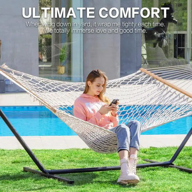 Alt view image 2 of 6 - PNAEUT Double Rope Hammock with Stand Included, 12ft Heavy Duty Stand, 2 Person Traditional Cotton Rope Hammocks with Pillow for Outside Porch Patio Backyard Outdoor, Max 475lbs Capacity (Burlywood)