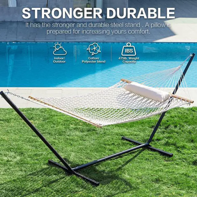 Alt view image 3 of 6 - PNAEUT Double Rope Hammock with Stand Included, 12ft Heavy Duty Stand, 2 Person Traditional Cotton Rope Hammocks with Pillow for Outside Porch Patio Backyard Outdoor, Max 475lbs Capacity (Burlywood)