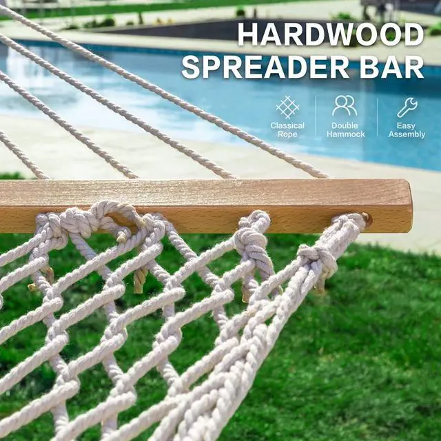 Alt view image 5 of 6 - PNAEUT Double Rope Hammock with Stand Included, 12ft Heavy Duty Stand, 2 Person Traditional Cotton Rope Hammocks with Pillow for Outside Porch Patio Backyard Outdoor, Max 475lbs Capacity (Burlywood)