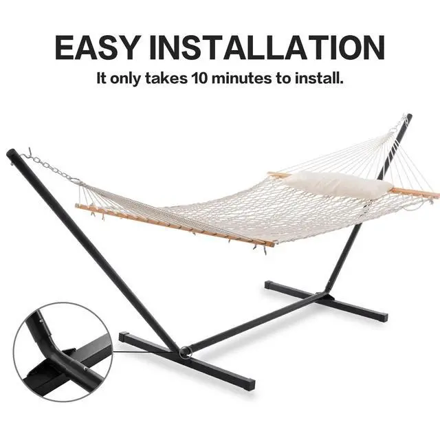 Alt view image 6 of 6 - PNAEUT Double Rope Hammock with Stand Included, 12ft Heavy Duty Stand, 2 Person Traditional Cotton Rope Hammocks with Pillow for Outside Porch Patio Backyard Outdoor, Max 475lbs Capacity (Burlywood)