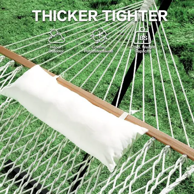 Alt view image 4 of 6 - PNAEUT Double Rope Hammock with Stand Included, 12ft Heavy Duty Stand, 2 Person Traditional Cotton Rope Hammocks with Pillow for Outside Porch Patio Backyard Outdoor, Max 475lbs Capacity (Burlywood)
