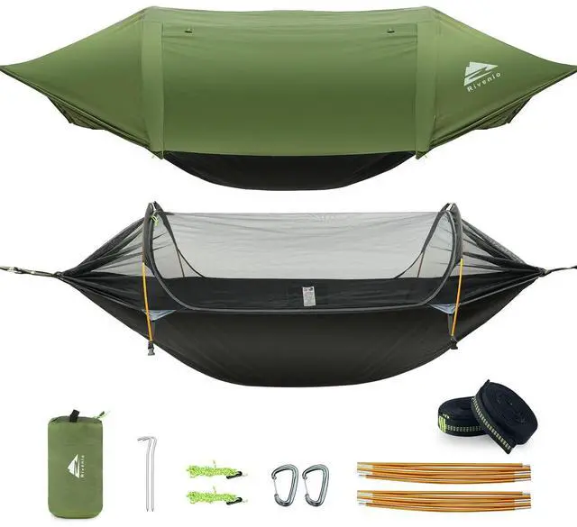Main image of Rivenlo Camping Hammock Tent with Mosquito Net & RainFly, 3 in 1 Waterproof Portable Sleeping Hammock Bug Backpacker Lightweight Outdoor Gear Swing for Hiking Travel Patio Expedition(Dark Green)