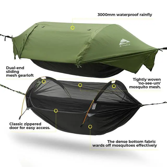 Alt view image 4 of 7 - Rivenlo Camping Hammock Tent with Mosquito Net & RainFly, 3 in 1 Waterproof Portable Sleeping Hammock Bug Backpacker Lightweight Outdoor Gear Swing for Hiking Travel Patio Expedition(Dark Green)