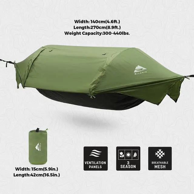 Alt view image 3 of 7 - Rivenlo Camping Hammock Tent with Mosquito Net & RainFly, 3 in 1 Waterproof Portable Sleeping Hammock Bug Backpacker Lightweight Outdoor Gear Swing for Hiking Travel Patio Expedition(Dark Green)