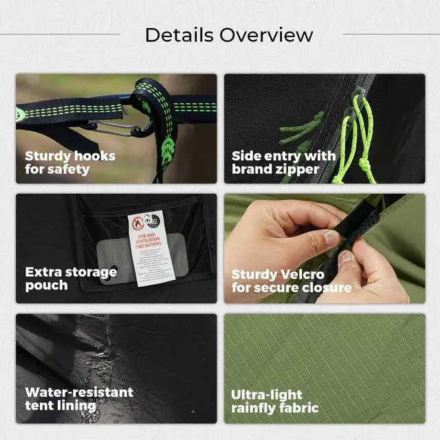 Alt view image 5 of 7 - Rivenlo Camping Hammock Tent with Mosquito Net & RainFly, 3 in 1 Waterproof Portable Sleeping Hammock Bug Backpacker Lightweight Outdoor Gear Swing for Hiking Travel Patio Expedition(Dark Green)