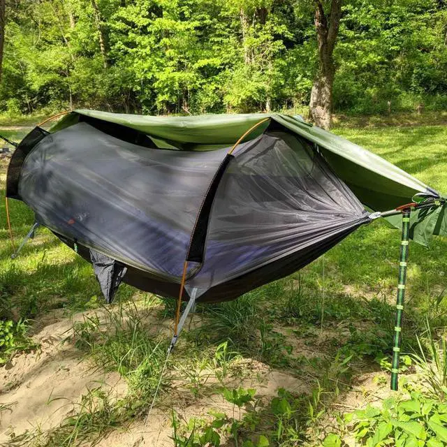 Alt view image 6 of 7 - Rivenlo Camping Hammock Tent with Mosquito Net & RainFly, 3 in 1 Waterproof Portable Sleeping Hammock Bug Backpacker Lightweight Outdoor Gear Swing for Hiking Travel Patio Expedition(Dark Green)