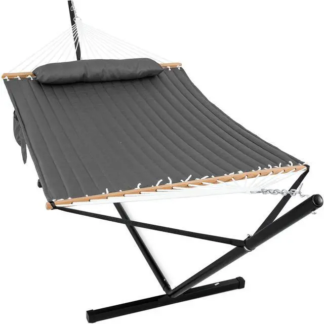 Main image of GAFETE 2 Person Hammock with Stand for Outside, Heavy Duty Steel Stand, 55inch Double Hammocks, Large Removable Pillow, Storage Bags, Max 475 lbs Capacity (Haze Gray)