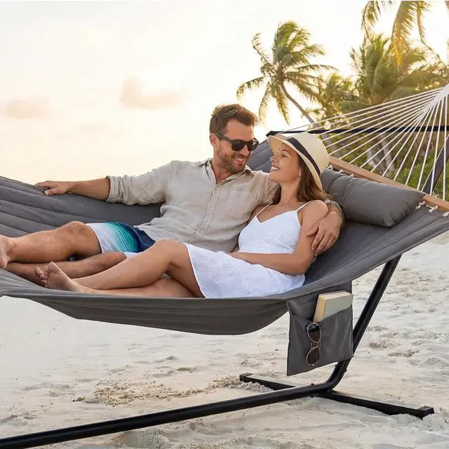 Alt view image 2 of 7 - GAFETE 2 Person Hammock with Stand for Outside, Heavy Duty Steel Stand, 55inch Double Hammocks, Large Removable Pillow, Storage Bags, Max 475 lbs Capacity (Haze Gray)