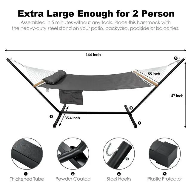 Alt view image 3 of 7 - GAFETE 2 Person Hammock with Stand for Outside, Heavy Duty Steel Stand, 55inch Double Hammocks, Large Removable Pillow, Storage Bags, Max 475 lbs Capacity (Haze Gray)