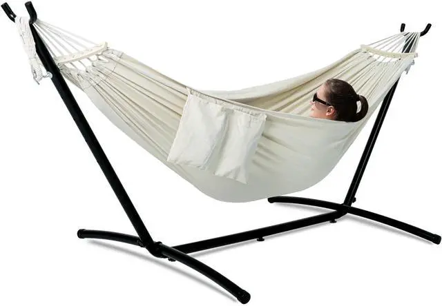 Main image of GAFETE Double Hammock with Stand for Outside, Upgraded Spreader Bar, Heavy Duty Space Saving Steel Stand 2 Person, Convenient Pocket, Easy Assembly, 600lbs Weight Capacity, Indoor & Outdoor (Natural
