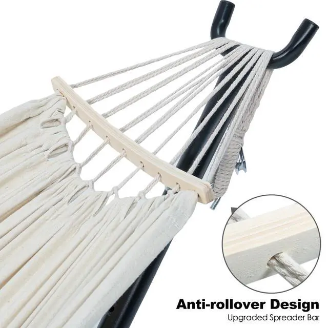 Alt view image 2 of 6 - GAFETE Double Hammock with Stand for Outside, Upgraded Spreader Bar, Heavy Duty Space Saving Steel Stand 2 Person, Convenient Pocket, Easy Assembly, 600lbs Weight Capacity, Indoor & Outdoor (Natural