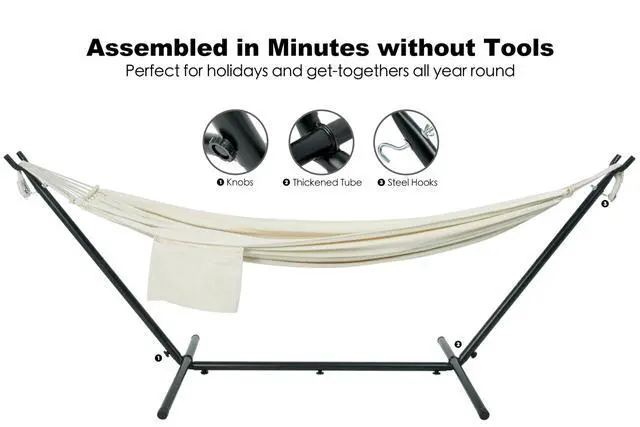 Alt view image 6 of 6 - GAFETE Double Hammock with Stand for Outside, Upgraded Spreader Bar, Heavy Duty Space Saving Steel Stand 2 Person, Convenient Pocket, Easy Assembly, 600lbs Weight Capacity, Indoor & Outdoor (Natural