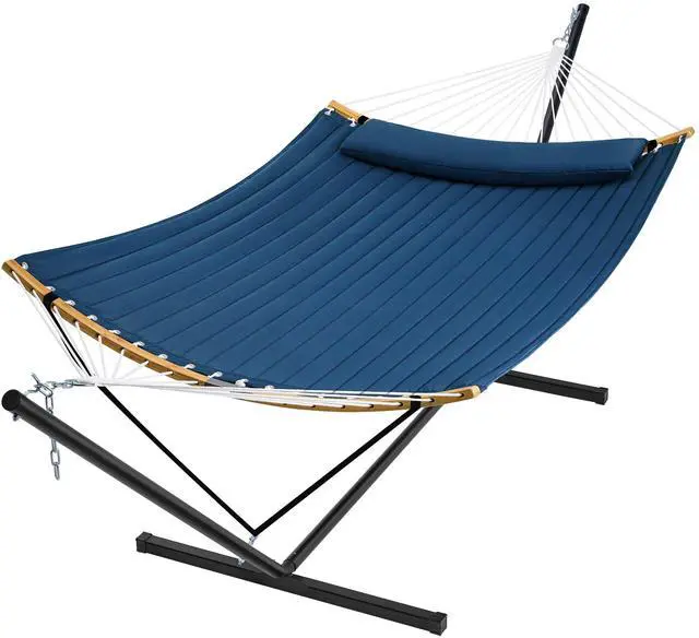 Main image of SUPERJARE Curved-Bar Hammock with Stand, 2 Person Heavy Duty Hammock Frame, Detachable Pillow & Portable Carrying Bag, Perfect for Outdoor & Indoor, Navy Blue