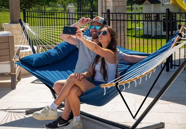 Alt view image 2 of 7 - SUPERJARE Curved-Bar Hammock with Stand, 2 Person Heavy Duty Hammock Frame, Detachable Pillow & Portable Carrying Bag, Perfect for Outdoor & Indoor, Navy Blue