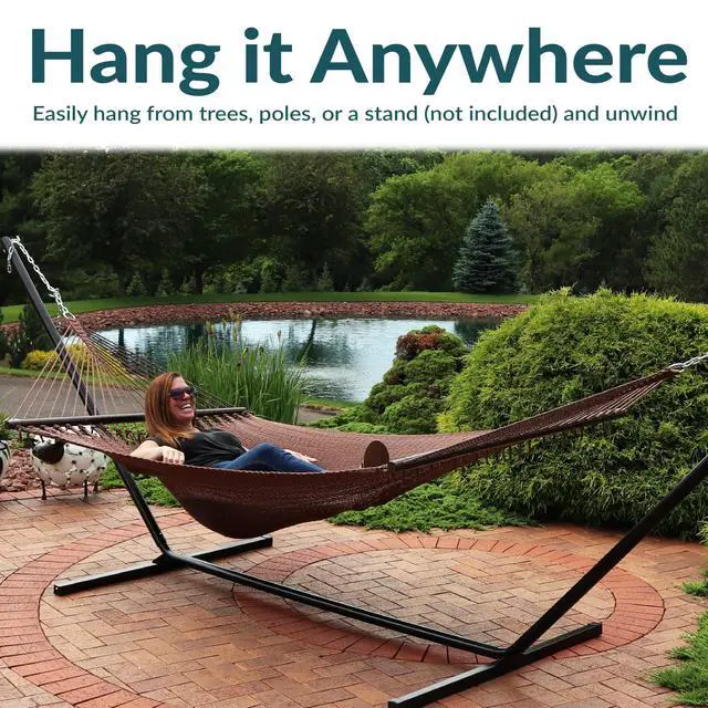Alt view image 4 of 7 - Sunnydaze Soft-Spun Polyester Rope Double Hammock for Outside - 600-Pound Weight Capacity Extra Large Hammock - Mocha