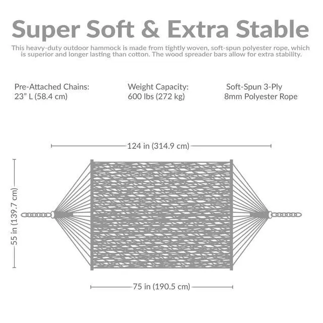 Alt view image 6 of 7 - Sunnydaze Soft-Spun Polyester Rope Double Hammock for Outside - 600-Pound Weight Capacity Extra Large Hammock - Mocha