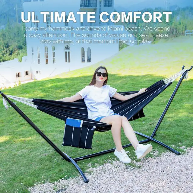Alt view image 2 of 7 - PNAEUT Double Hammocks with Stand for Outside, Portable Space Saving Heavy-Duty Steel Stand for Indoor Outdoor Patio with Carrying Bag, 450 lbs Capacity (Chasm)