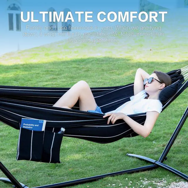Alt view image 3 of 7 - PNAEUT Double Hammocks with Stand for Outside, Portable Space Saving Heavy-Duty Steel Stand for Indoor Outdoor Patio with Carrying Bag, 450 lbs Capacity (Chasm)
