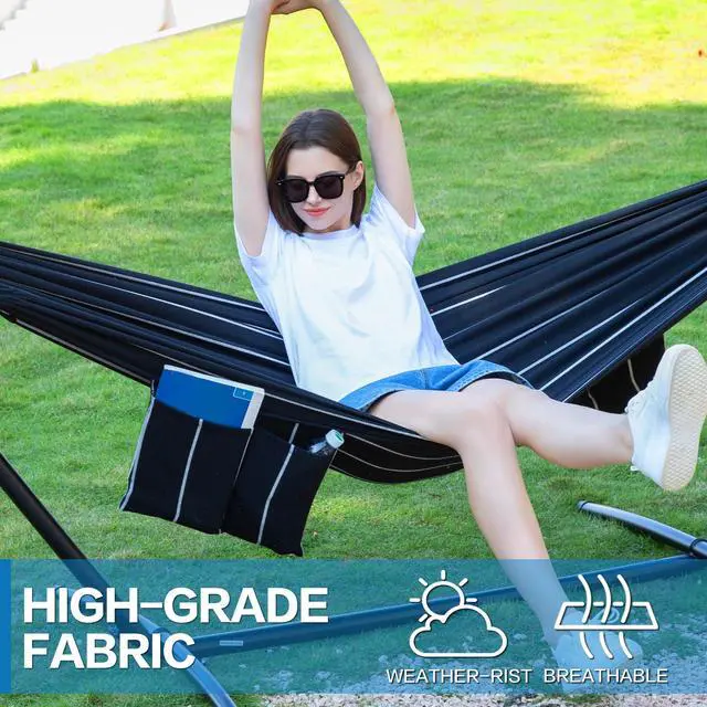Alt view image 5 of 7 - PNAEUT Double Hammocks with Stand for Outside, Portable Space Saving Heavy-Duty Steel Stand for Indoor Outdoor Patio with Carrying Bag, 450 lbs Capacity (Chasm)