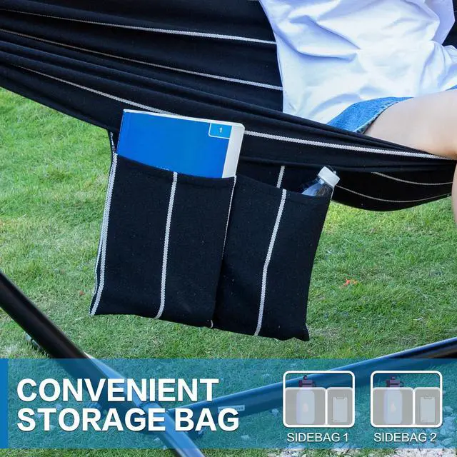 Alt view image 6 of 7 - PNAEUT Double Hammocks with Stand for Outside, Portable Space Saving Heavy-Duty Steel Stand for Indoor Outdoor Patio with Carrying Bag, 450 lbs Capacity (Chasm)