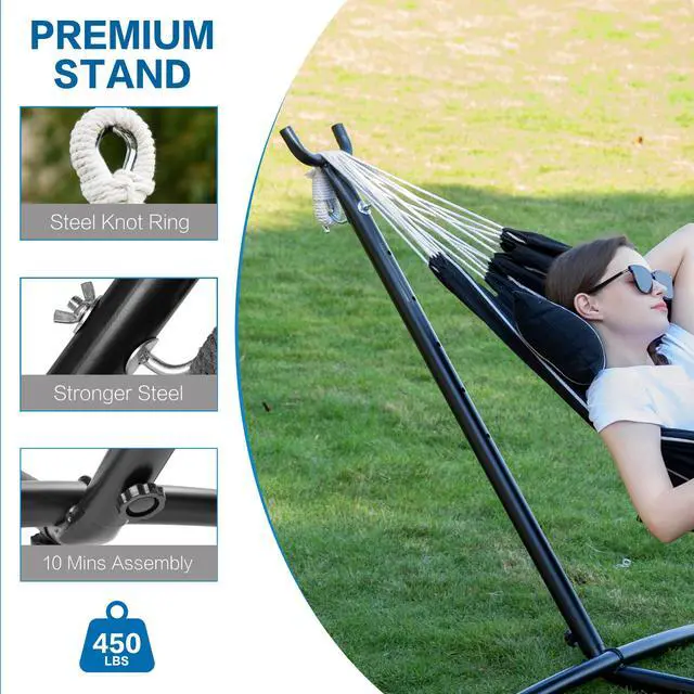 Alt view image 7 of 7 - PNAEUT Double Hammocks with Stand for Outside, Portable Space Saving Heavy-Duty Steel Stand for Indoor Outdoor Patio with Carrying Bag, 450 lbs Capacity (Chasm)