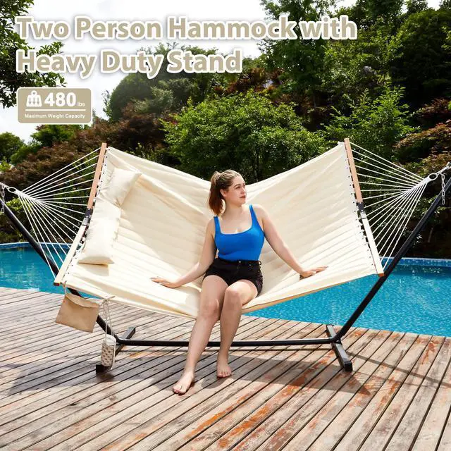 Alt view image 3 of 6 - Homgava Two Person Hammock with Stand for Outside Heavy Duty, Outdoor Patio Hammock with Portable Steel Stand, Large Double Hammocks,480lbs Capacity.(Off White)