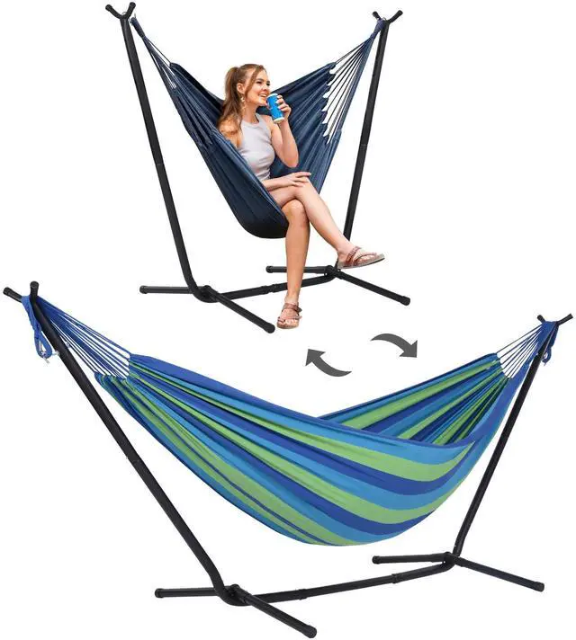 Main image of SUNCREAT 2-in-1 Hammocks Hammock Chair with Stand, 475 lbs Capacity, Heavy Duty Two Person Hammock with Stand, Patented, Blue Stripe