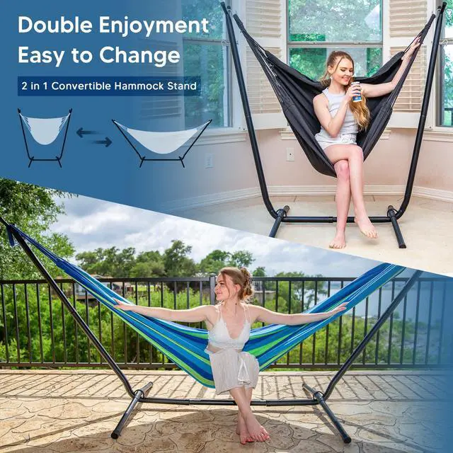 Alt view image 2 of 7 - SUNCREAT 2-in-1 Hammocks Hammock Chair with Stand, 475 lbs Capacity, Heavy Duty Two Person Hammock with Stand, Patented, Blue Stripe