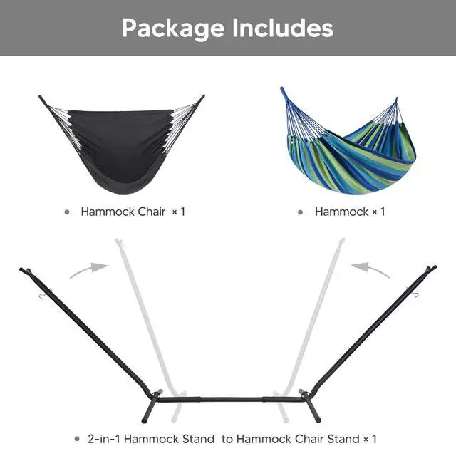 Alt view image 3 of 7 - SUNCREAT 2-in-1 Hammocks Hammock Chair with Stand, 475 lbs Capacity, Heavy Duty Two Person Hammock with Stand, Patented, Blue Stripe
