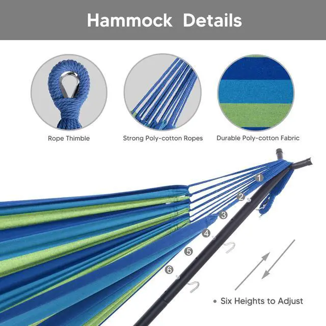 Alt view image 5 of 7 - SUNCREAT 2-in-1 Hammocks Hammock Chair with Stand, 475 lbs Capacity, Heavy Duty Two Person Hammock with Stand, Patented, Blue Stripe