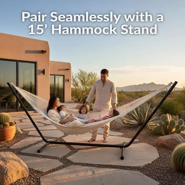 Alt view image 4 of 7 - Sunnydaze Handwoven XXL Thick Cord Mayan Double Hammock for Outside - 625-Pound Capacity Heavy-Duty Outdoor Hammock - Natural