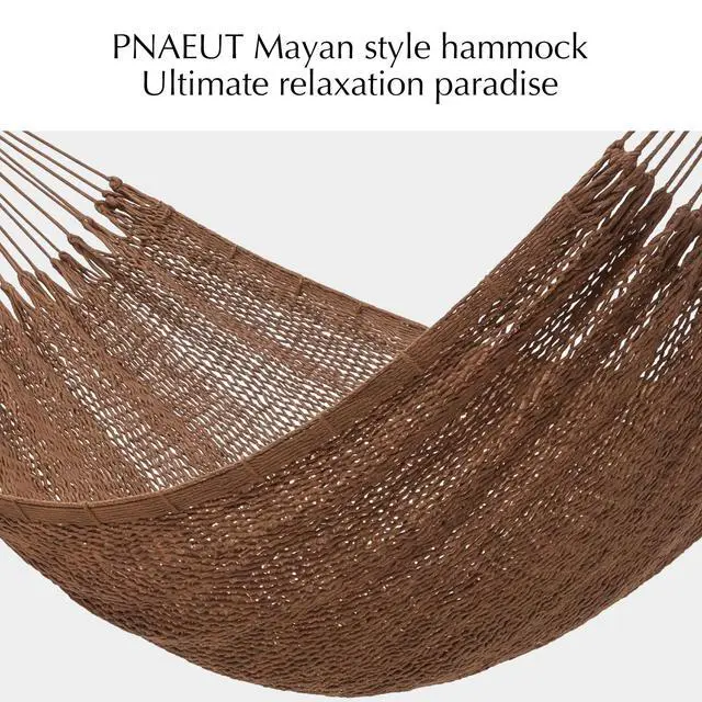 Alt view image 3 of 7 - PNAEUT Handwoven Mayan Hammock, Thick Soft Rope Double Hammock for Outdoor Outside & Indoor, 600 lbs Capacity Heavy-Duty, Includes Tree Straps, Carabiners & Carrying Bag (Desert, X-Large)