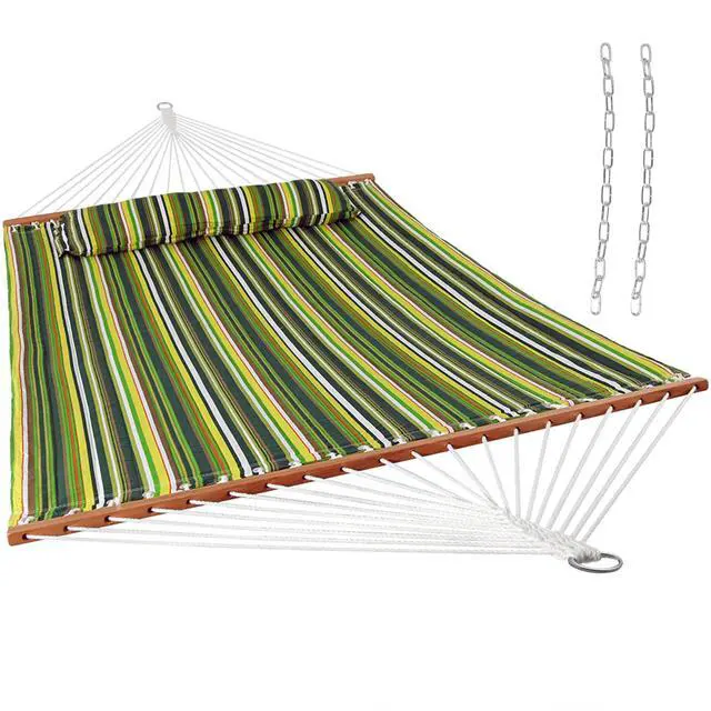 Main image of Sunnydaze Quilted Double Hammock for Outside with Spreader Bars and Pillow - 450 lb Capacity, 74x55 Inch Bed, UV Resistant, Quick Dry - Chains Included, Stand Sold Separately - Melon Stripe