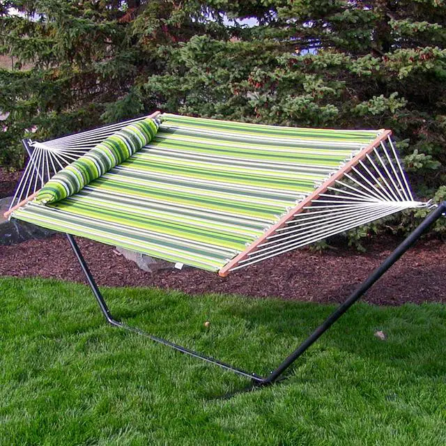 Alt view image 2 of 7 - Sunnydaze Quilted Double Hammock for Outside with Spreader Bars and Pillow - 450 lb Capacity, 74x55 Inch Bed, UV Resistant, Quick Dry - Chains Included, Stand Sold Separately - Melon Stripe
