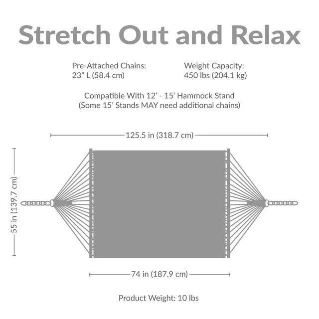 Alt view image 3 of 7 - Sunnydaze Quilted Double Hammock for Outside with Spreader Bars and Pillow - 450 lb Capacity, 74x55 Inch Bed, UV Resistant, Quick Dry - Chains Included, Stand Sold Separately - Melon Stripe