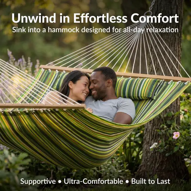 Alt view image 4 of 7 - Sunnydaze Quilted Double Hammock for Outside with Spreader Bars and Pillow - 450 lb Capacity, 74x55 Inch Bed, UV Resistant, Quick Dry - Chains Included, Stand Sold Separately - Melon Stripe