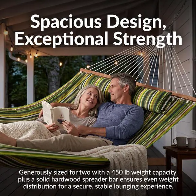 Alt view image 6 of 7 - Sunnydaze Quilted Double Hammock for Outside with Spreader Bars and Pillow - 450 lb Capacity, 74x55 Inch Bed, UV Resistant, Quick Dry - Chains Included, Stand Sold Separately - Melon Stripe