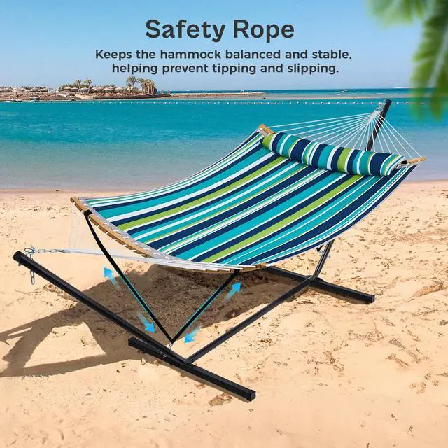 Alt view image 5 of 7 - SUPERJARE Hammock with Stand, 2 Person Heavy Duty Hammock with Padded Cotton, Detachable Pillow & Strong Curved-Bar & Portable Carrying Bag, Perfect for Outdoor & Indoor - Dark Cyan