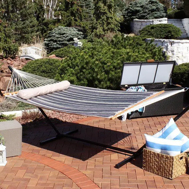 Alt view image 2 of 7 - Sunnydaze Quilted Double Hammock for Outside with Spreader Bars and Pillow - 450 lb Capacity, 74x55 Inch Bed, UV Resistant, Quick Dry - Chains Included, Stand Sold Separately - Mountainside