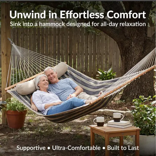 Alt view image 4 of 7 - Sunnydaze Quilted Double Hammock for Outside with Spreader Bars and Pillow - 450 lb Capacity, 74x55 Inch Bed, UV Resistant, Quick Dry - Chains Included, Stand Sold Separately - Mountainside