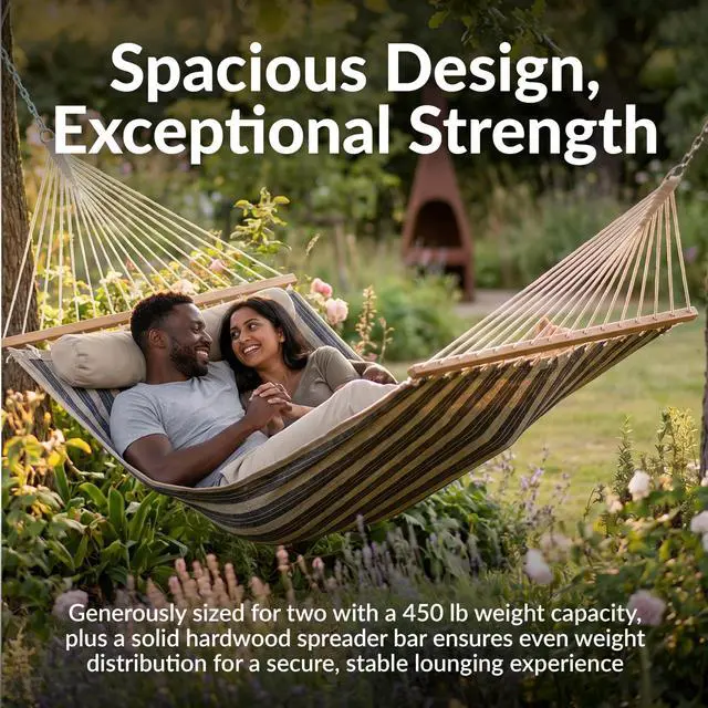 Alt view image 6 of 7 - Sunnydaze Quilted Double Hammock for Outside with Spreader Bars and Pillow - 450 lb Capacity, 74x55 Inch Bed, UV Resistant, Quick Dry - Chains Included, Stand Sold Separately - Mountainside