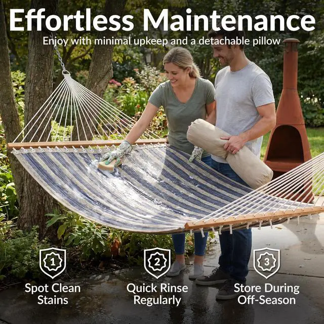 Alt view image 7 of 7 - Sunnydaze Quilted Double Hammock for Outside with Spreader Bars and Pillow - 450 lb Capacity, 74x55 Inch Bed, UV Resistant, Quick Dry - Chains Included, Stand Sold Separately - Mountainside