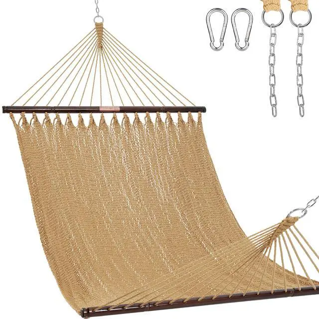 Main image of Lazy Daze Hammocks 10.5 FT Double 2 Person Caribbean Rope Hammock, Hand Woven Polyester Hammock with Spreader Bars, for Outside Outdoor Backyard Patio Poolside, 450 LBS Capacity, Tan