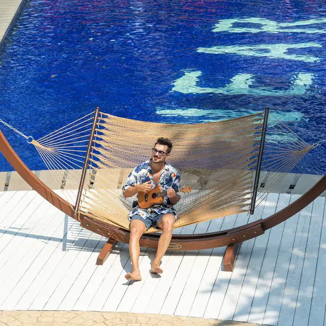 Alt view image 2 of 7 - Lazy Daze Hammocks 10.5 FT Double 2 Person Caribbean Rope Hammock, Hand Woven Polyester Hammock with Spreader Bars, for Outside Outdoor Backyard Patio Poolside, 450 LBS Capacity, Tan
