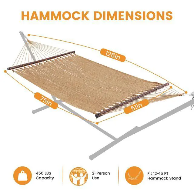 Alt view image 6 of 7 - Lazy Daze Hammocks 10.5 FT Double 2 Person Caribbean Rope Hammock, Hand Woven Polyester Hammock with Spreader Bars, for Outside Outdoor Backyard Patio Poolside, 450 LBS Capacity, Tan