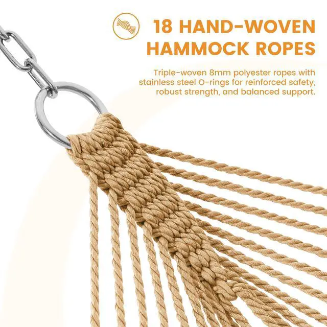 Alt view image 4 of 7 - Lazy Daze Hammocks 10.5 FT Double 2 Person Caribbean Rope Hammock, Hand Woven Polyester Hammock with Spreader Bars, for Outside Outdoor Backyard Patio Poolside, 450 LBS Capacity, Tan