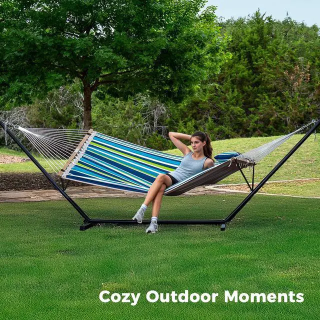 Alt view image 2 of 7 - SUPERJARE Hammock with Stand, 2 Person Quilted Outdoor Hammock, Detachable Pillow & Bamboo Spreaders, Portable Hammock with Carrying Bag, Heavy Duty Stand, Perfect for Outside, Patio, Dark Cyan